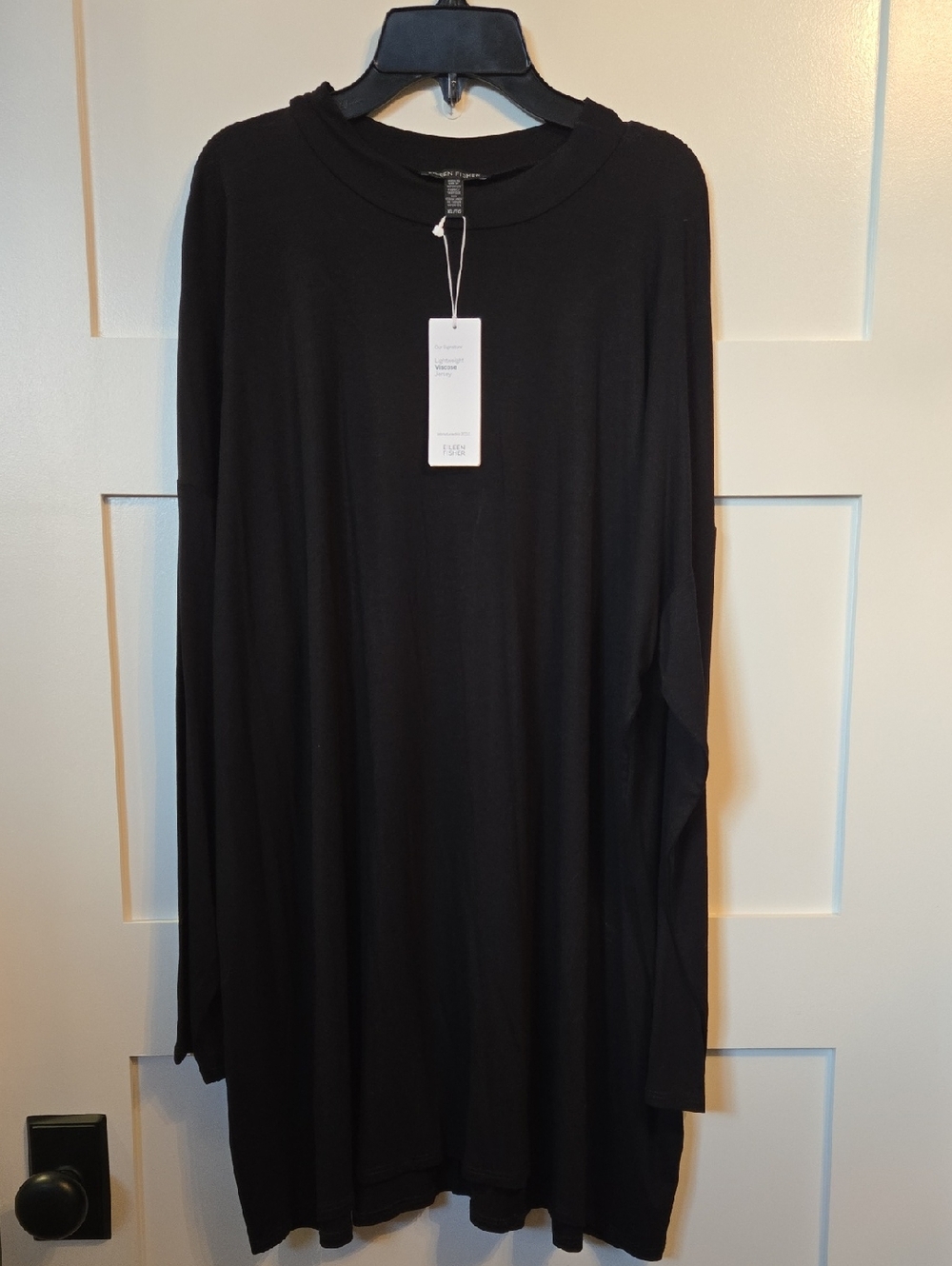 Eileen Fisher NWT Black Viscose Jersey Stretch Longline Crewneck Tunic Top XL